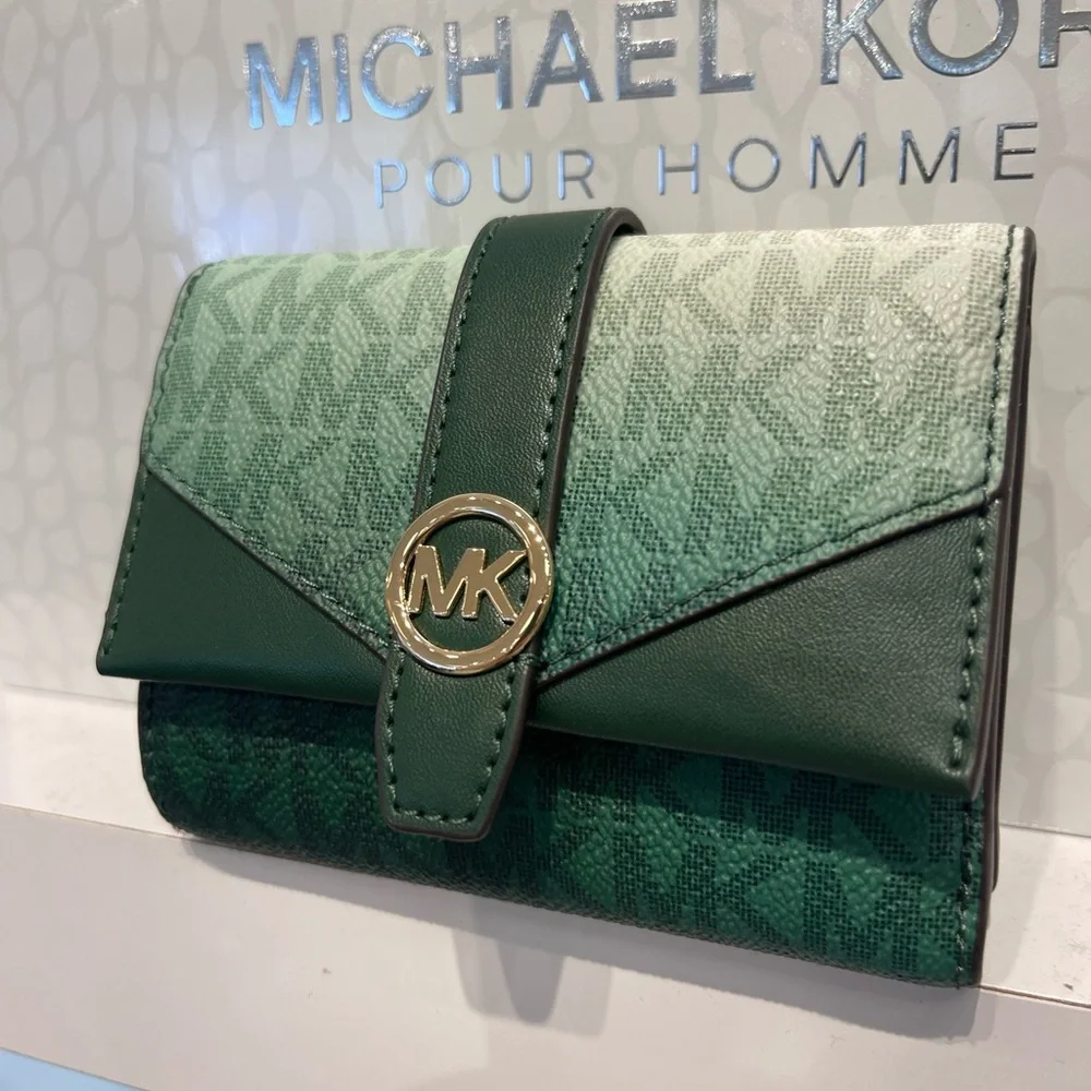 MICHAEL KORS Greenwich Medium Ombré Signature Logo Tri-Fold Wallet Moss Multi NW